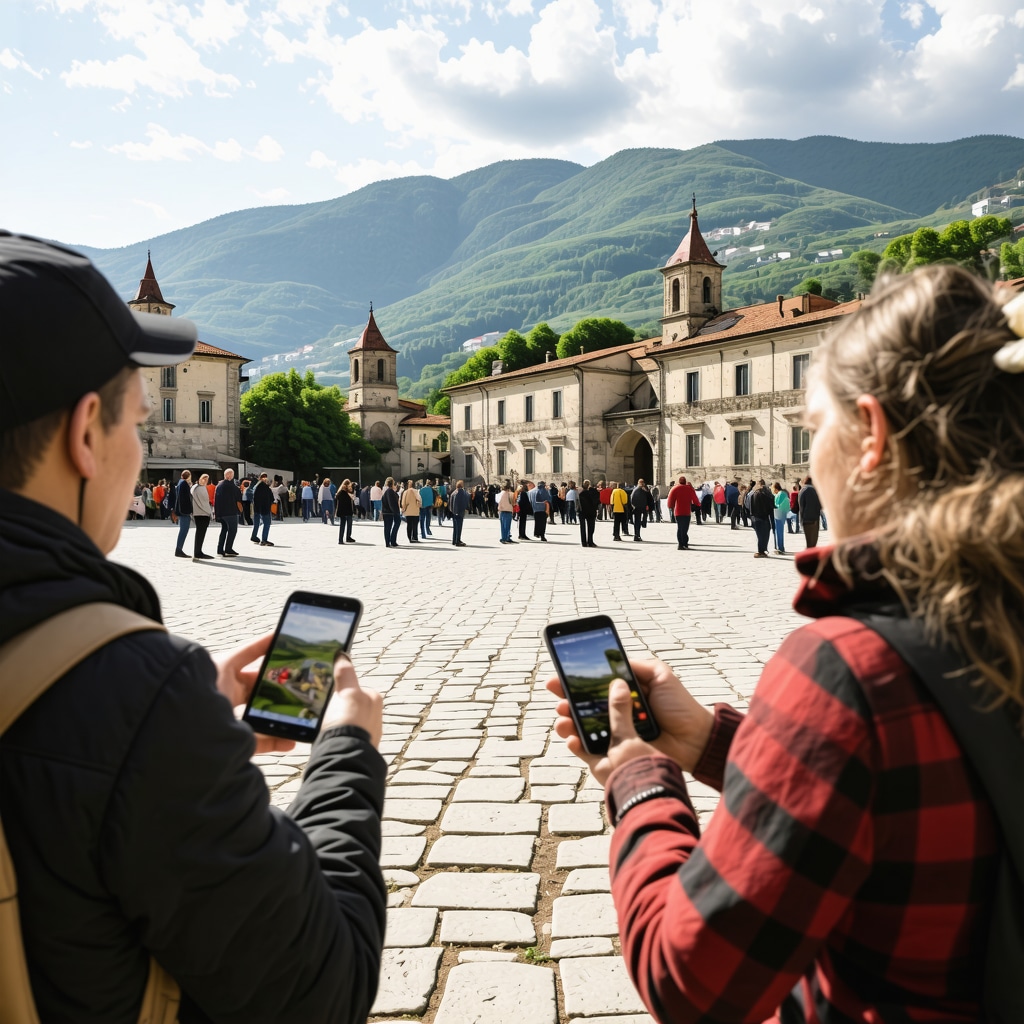 Tourists using augmented reality devices in Krushevo town square with digital historical overlays