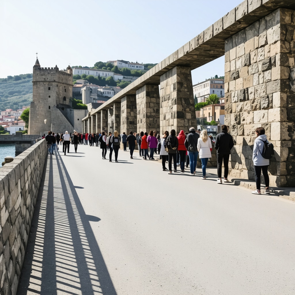 Tourists using augmented reality devices to explore the Mehmed Paša Sokolović Bridge with virtual historical overlays