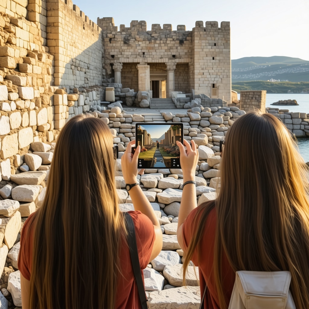 Visitors using augmented reality devices to view historical reconstructions at Byzantine fortress ruins in Kavala, Greece