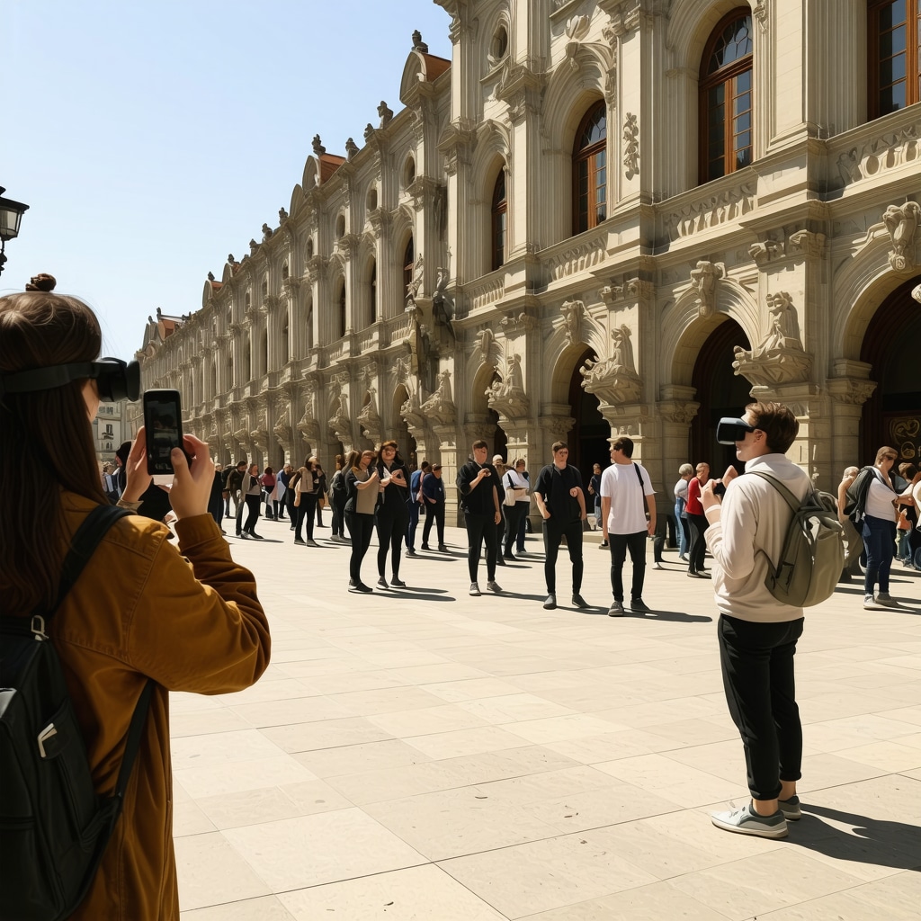 Visitors experiencing augmented reality tour of Subotica's Art Nouveau buildings using smartphones and VR glasses