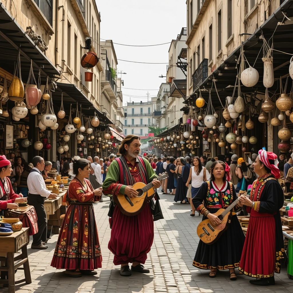 Street scene in Izmir with local market, artisans crafting ceramics, and cultural festival activities