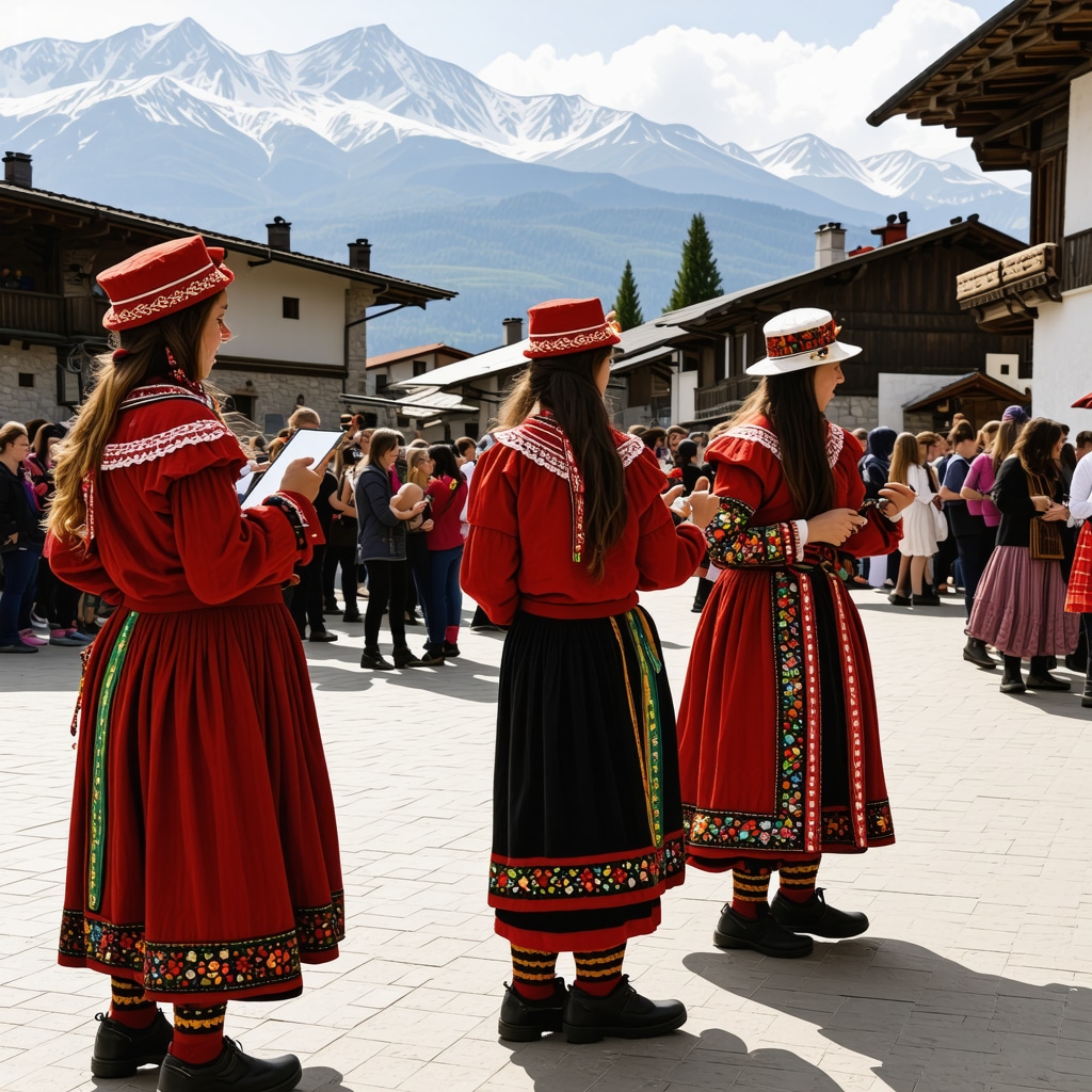 Traditional folk dancers in colorful costumes in Bansko village with tourists using mobile devices amid mountain scenery
