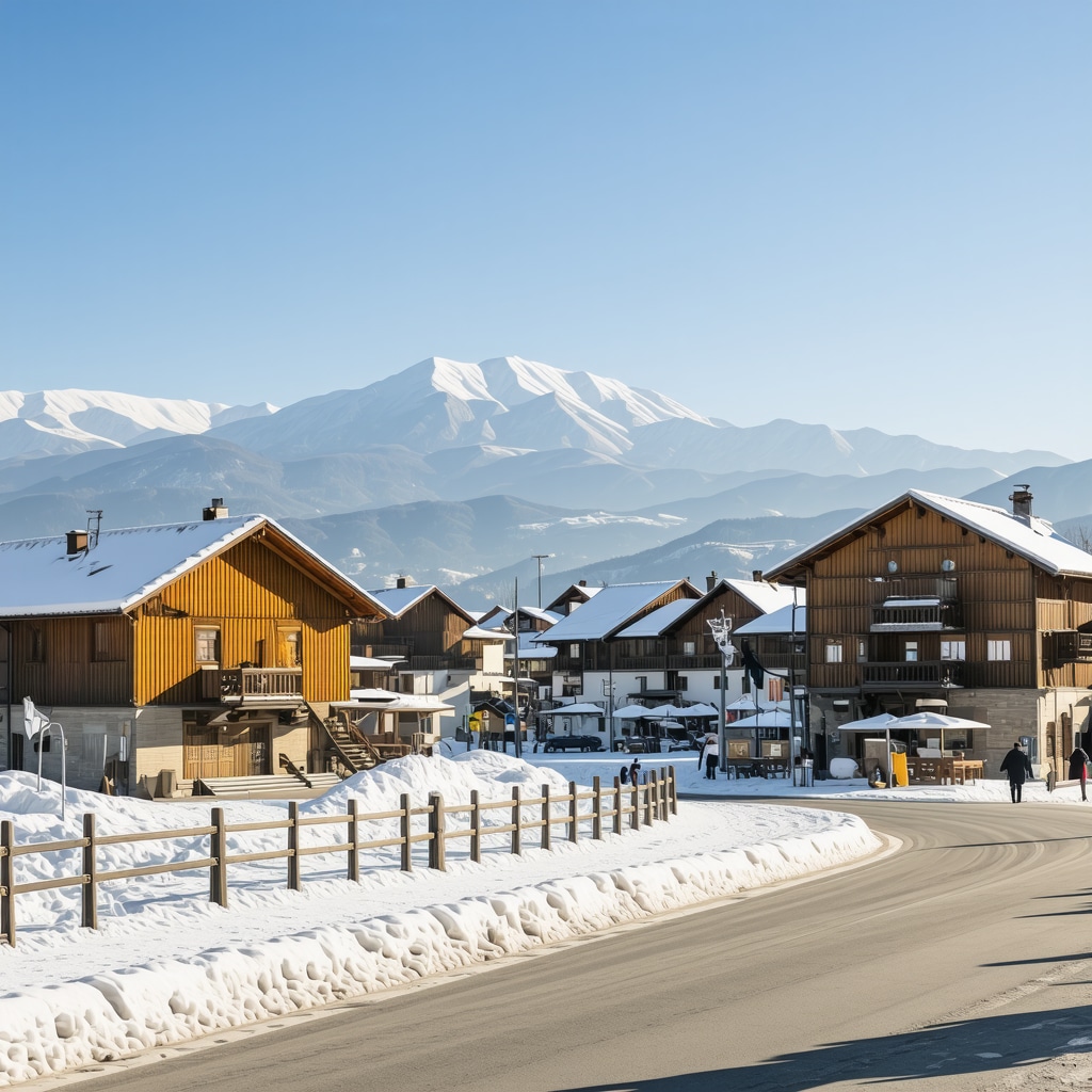 Bansko town with traditional Bulgarian architecture and tourists using augmented reality apps in snowy mountains