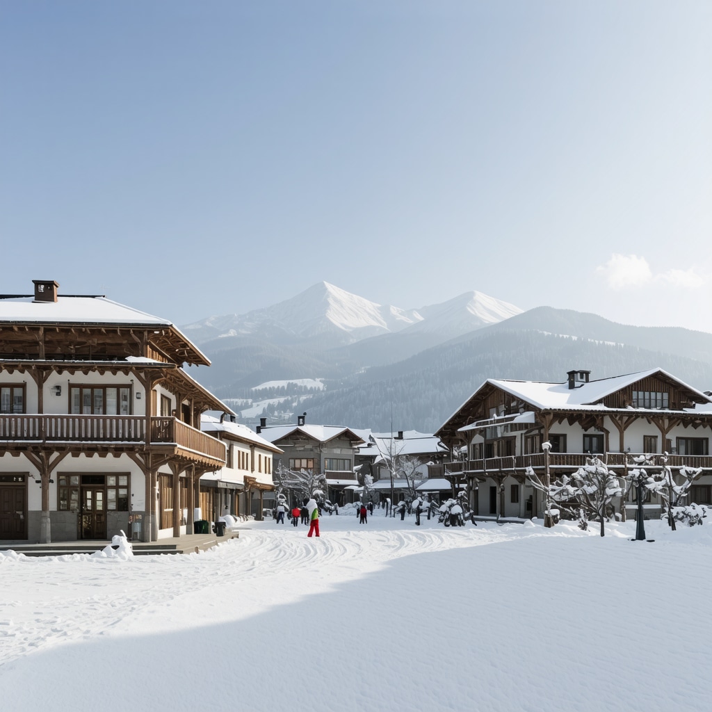 Snow-covered Bansko town with traditional Bulgarian houses and mountains