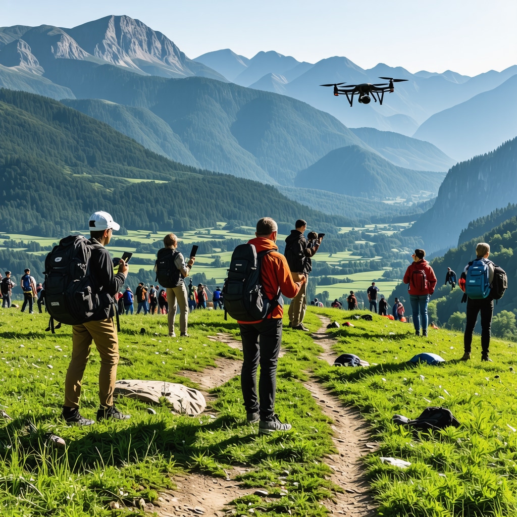 Aerial view showing hikers with mobile devices, drones, and a local festival in Berane mountains