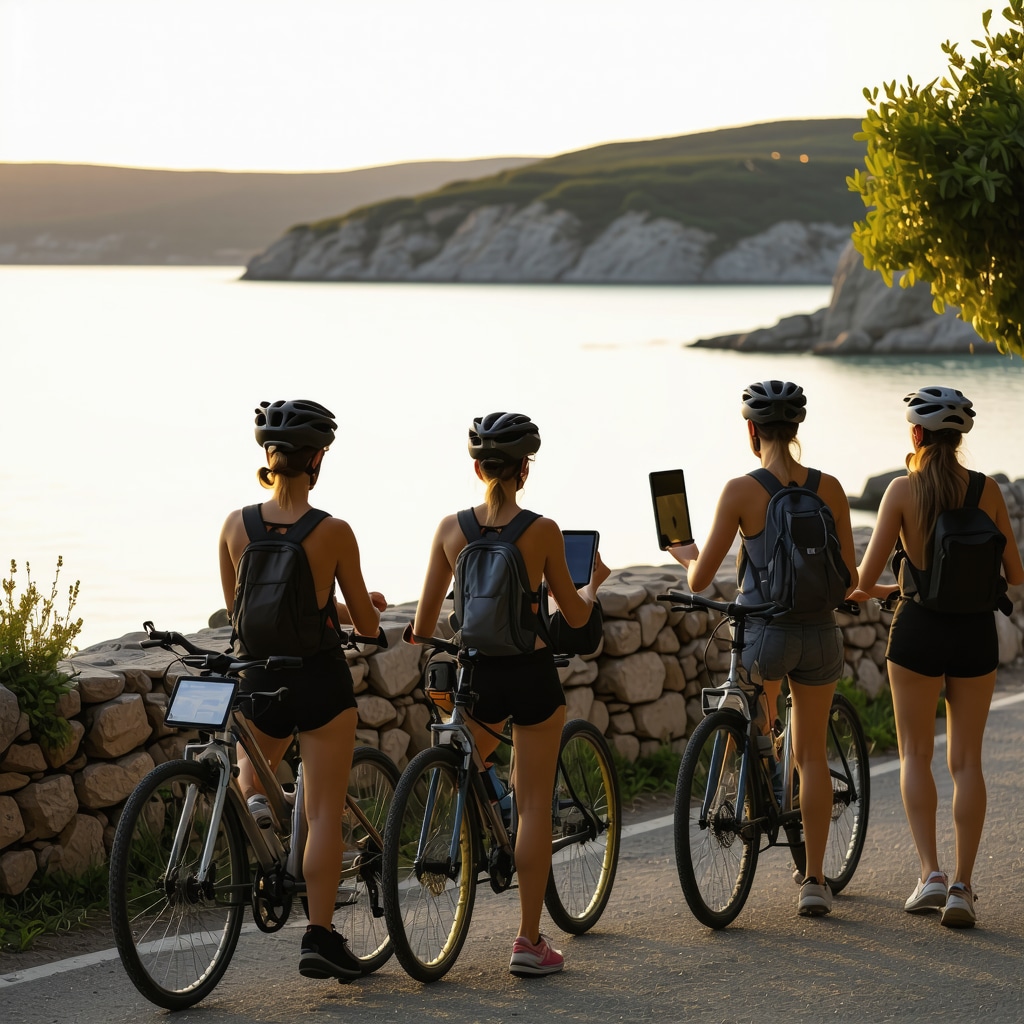 Tourists enjoying Biograd na Moru coastline using eco-friendly transport and digital guides