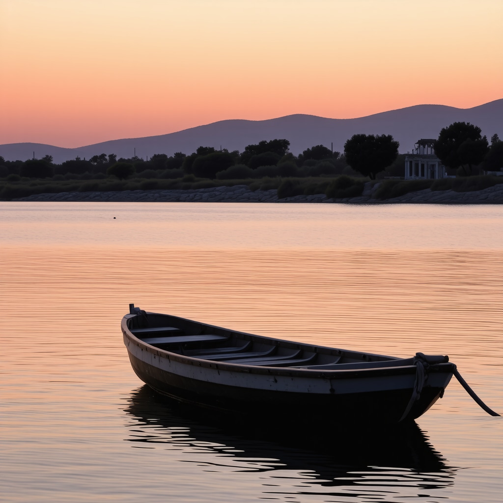 Boat on Lake Butrint near ancient ruins with birds flying around at sunset