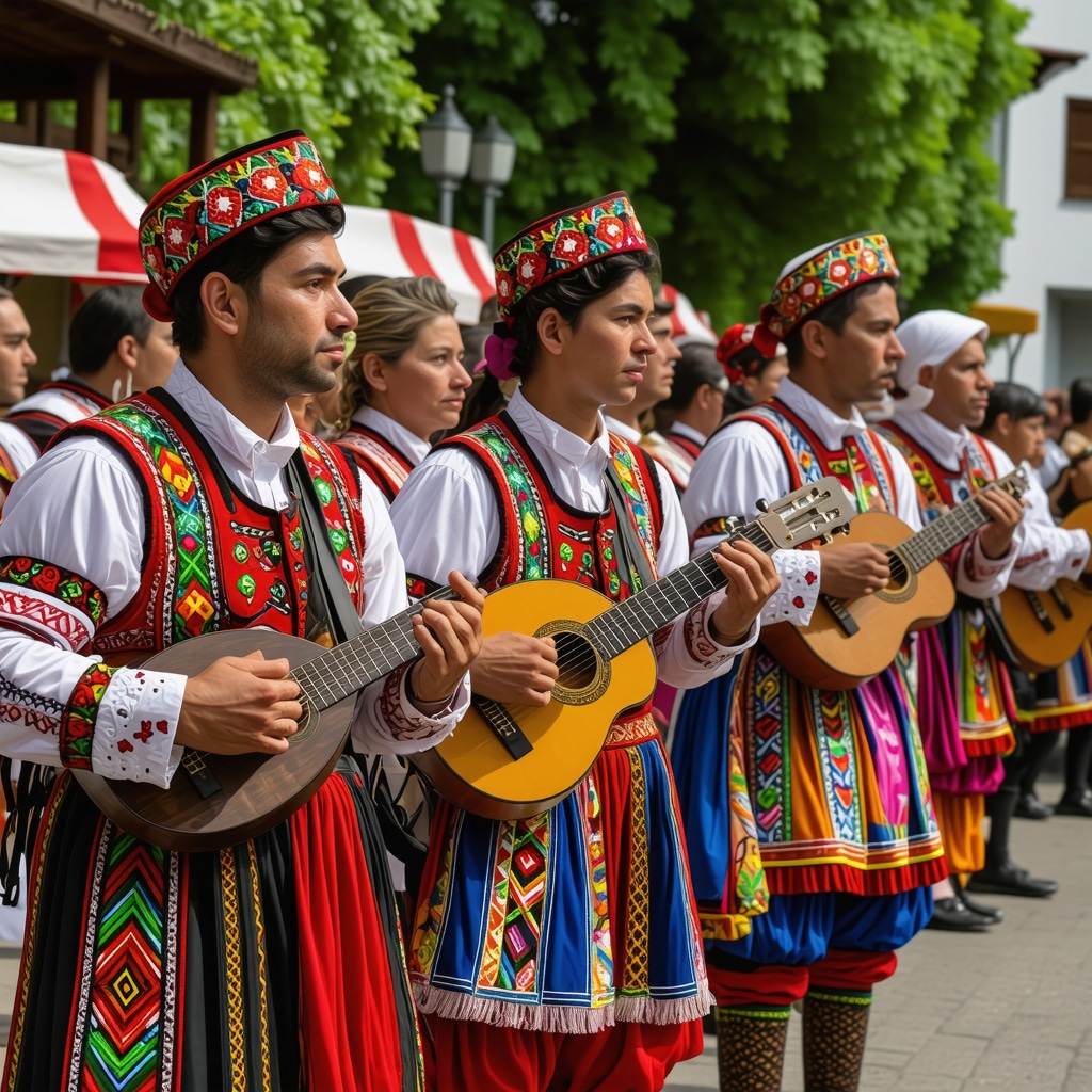 Performers in traditional Bosnian costumes playing instruments with augmented reality visuals