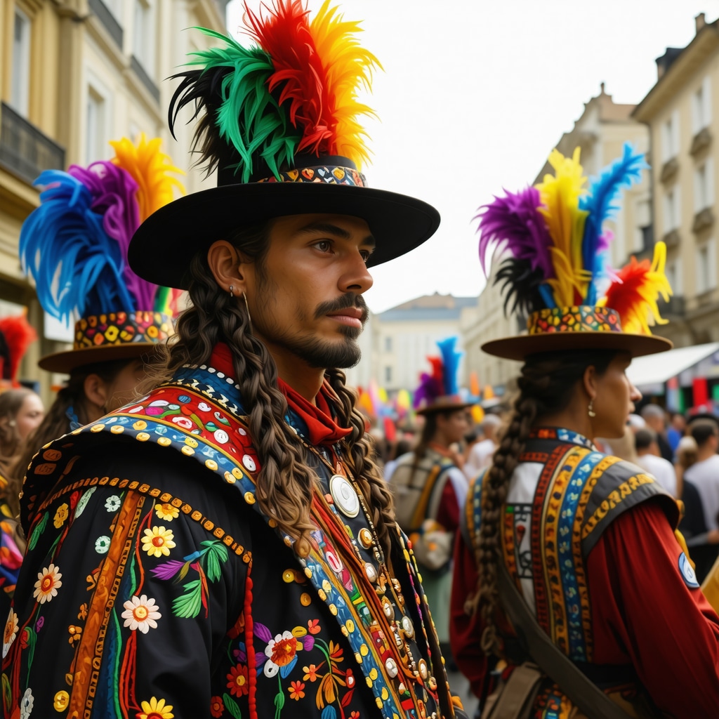 Colorful cultural festival in Bucharest featuring traditional costumes and augmented reality exhibits