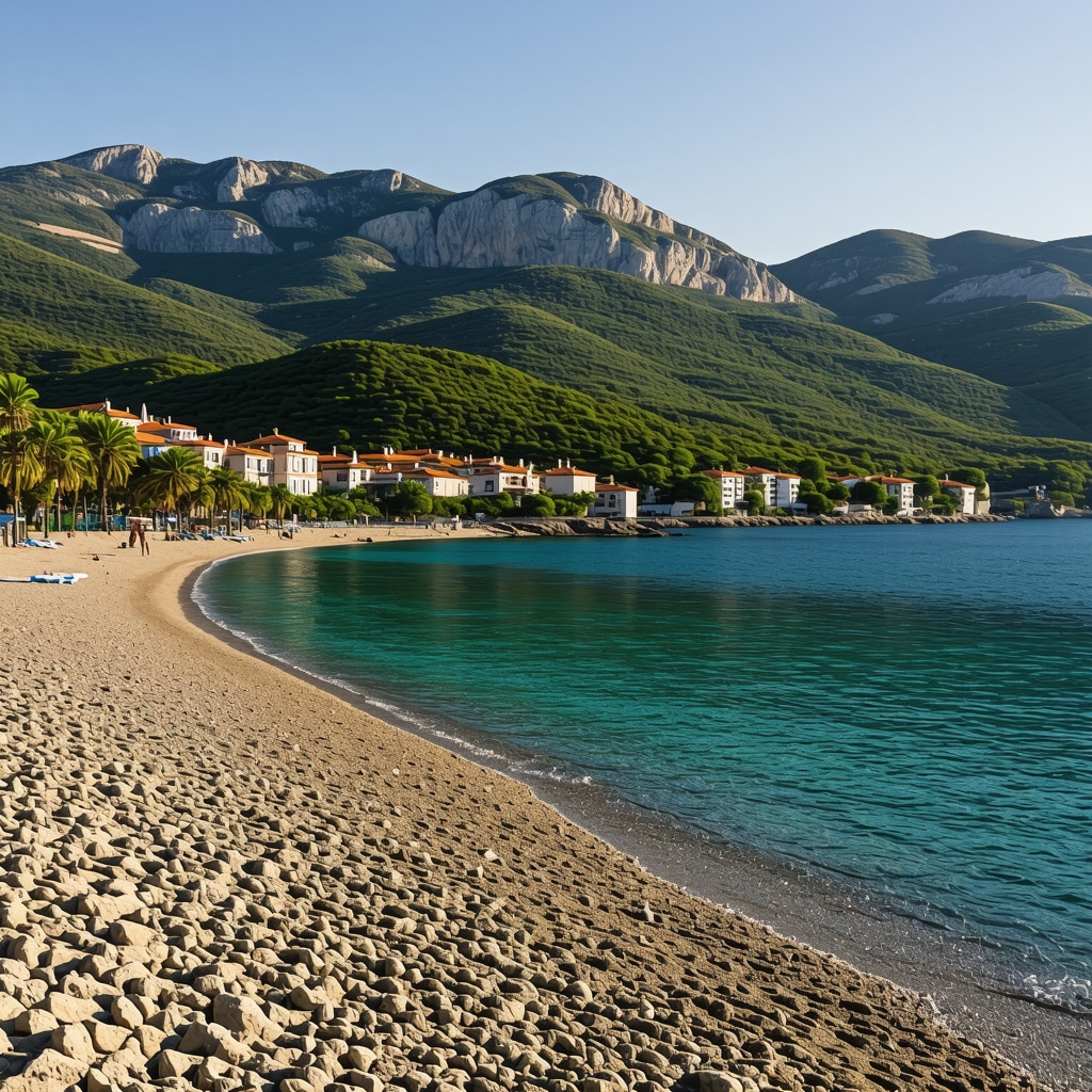 Golden sandy beaches of Budva with turquoise sea and green mountains at sunset