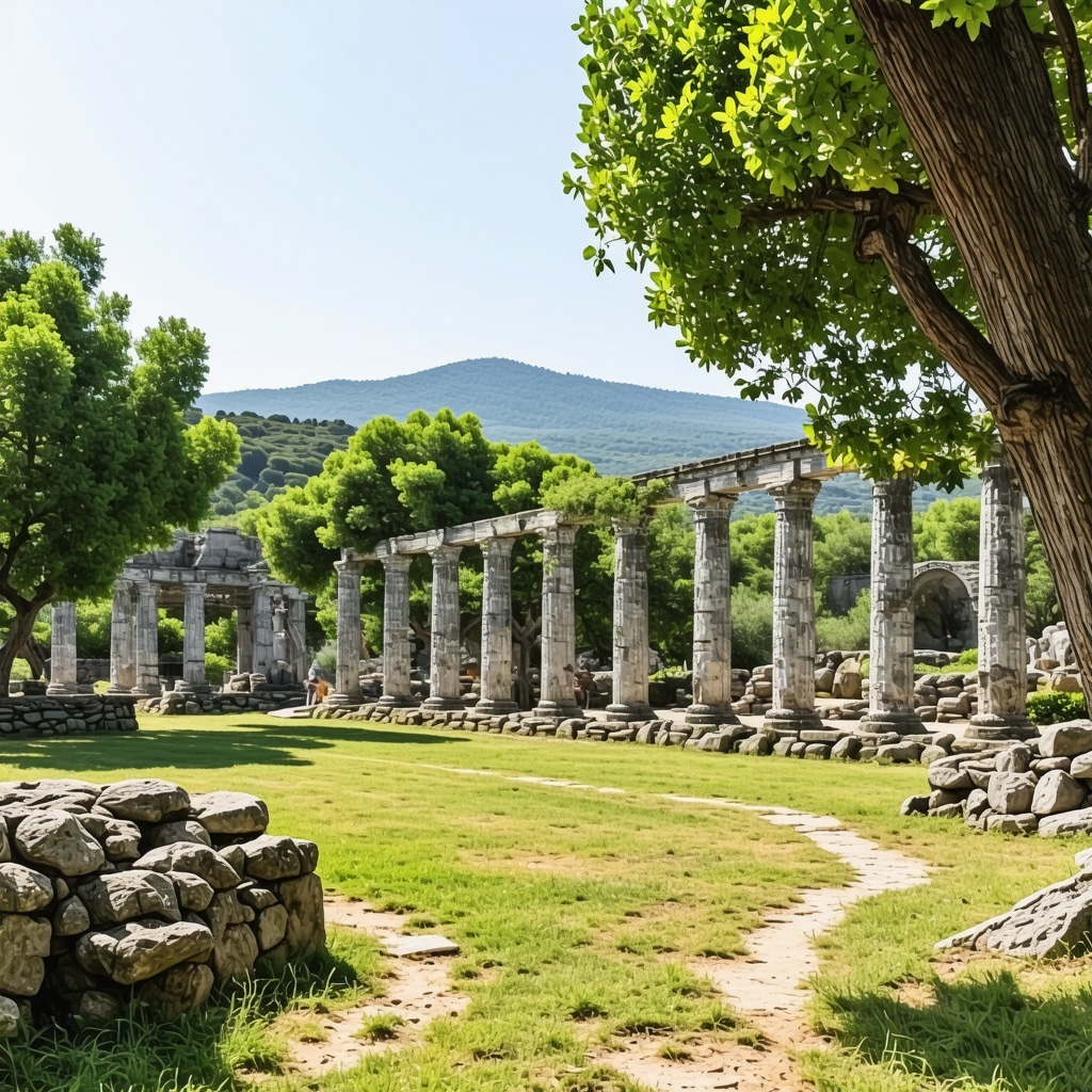 View of Butrint archaeological site with ruins and greenery