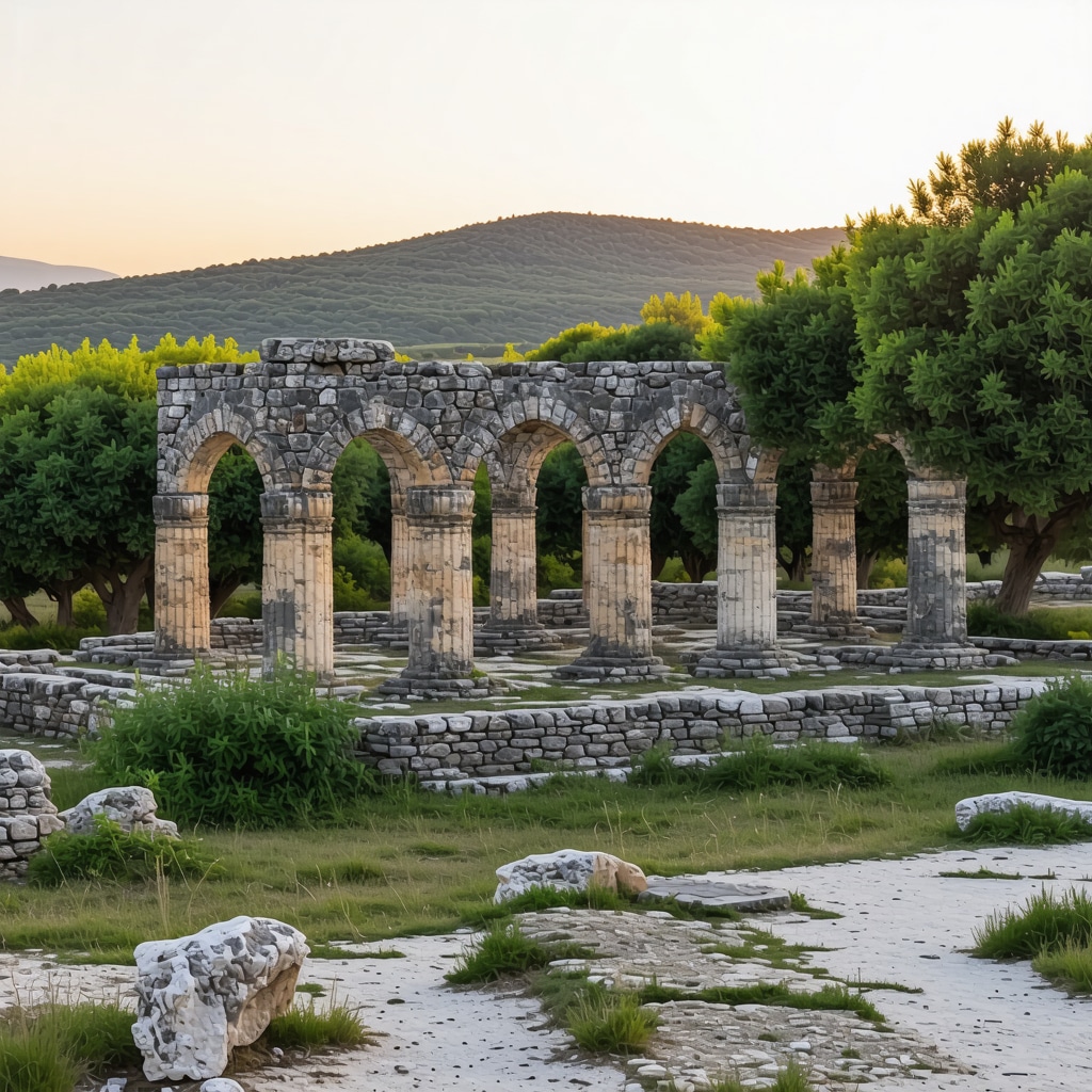 Panoramic view of Butrint archaeological site with ruins and tourists during sunset