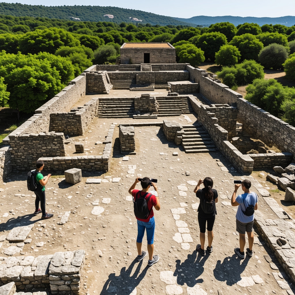 Aerial view of Butrint archaeological ruins with digital overlays and visitors using AR devices