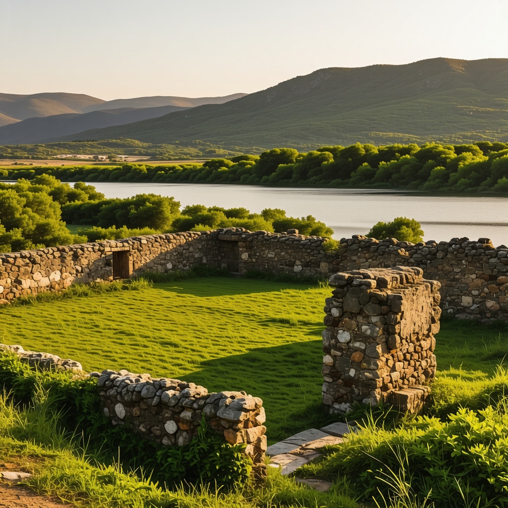 Panoramic view of Butrint archaeological site with surrounding nature and lagoon in Albania
