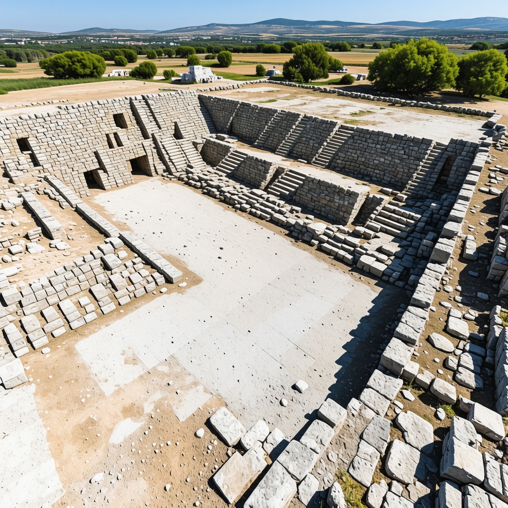 Aerial view of the Çanakkale archaeological ruins of Troy with digital 3D scanning visualizations