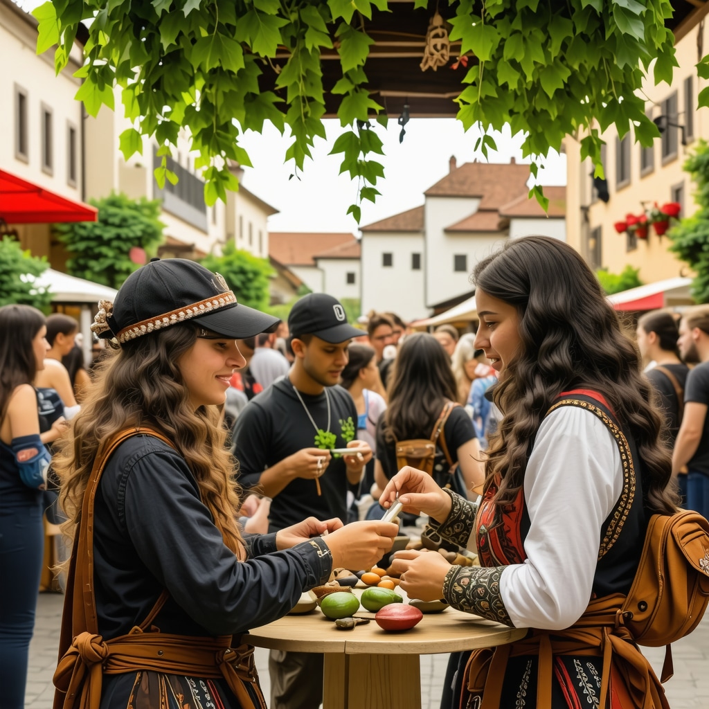 Visitors experiencing augmented reality displays at Celje 2024 festival with local artisans and eco-friendly decorations