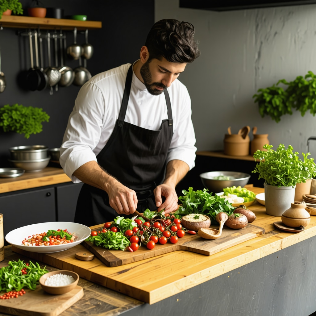 Chef in a rustic kitchen using sous-vide and fermentation to prepare traditional dishes with local ingredients and eco-friendly packaging