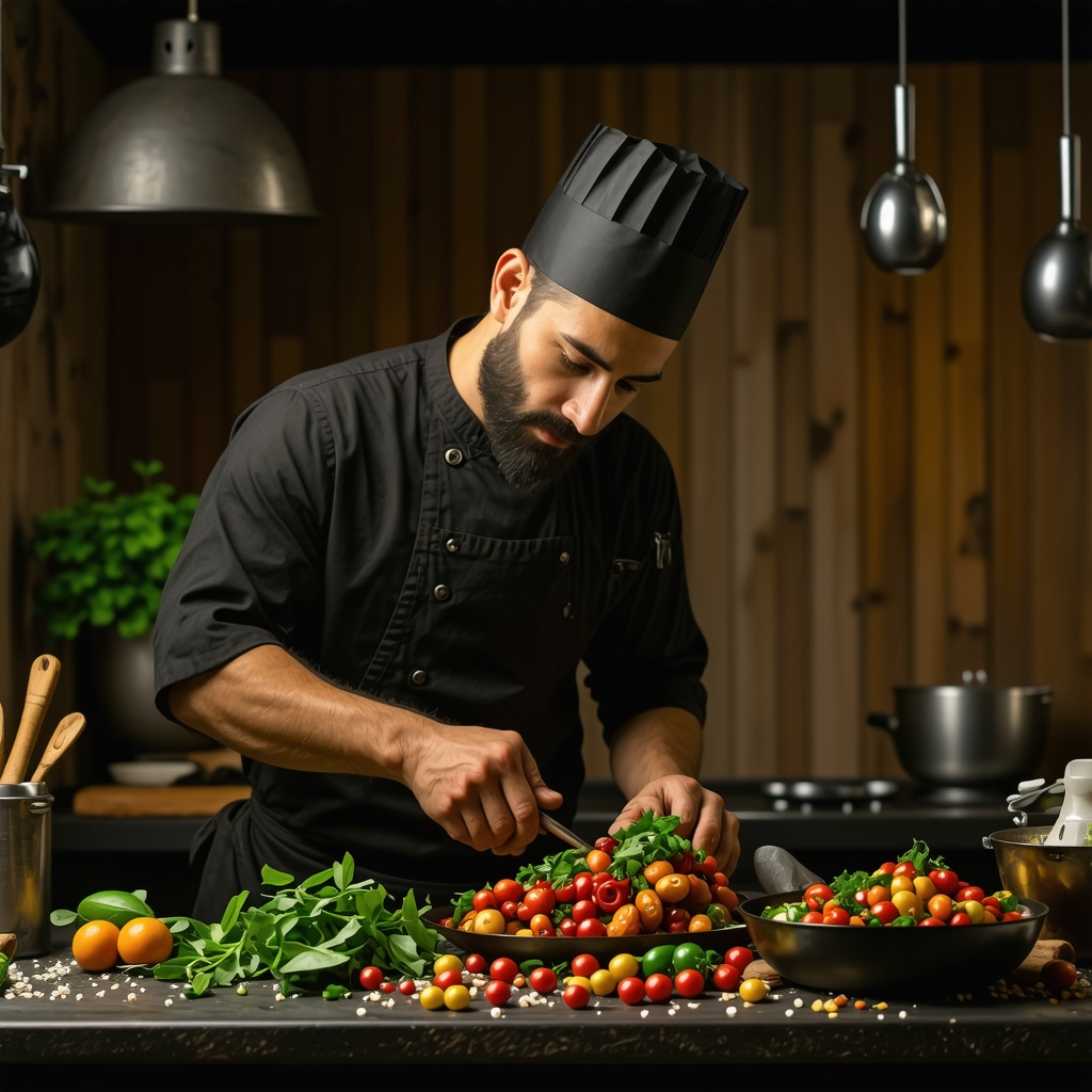 Chef in rustic kitchen preparing traditional Romanian dishes with local ingredients and modern techniques