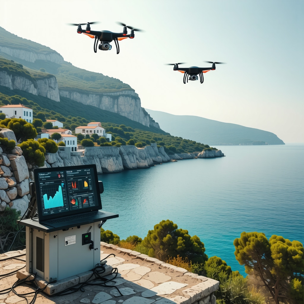 Drone and digital monitoring systems observing Budva coastline for sustainable tourism management