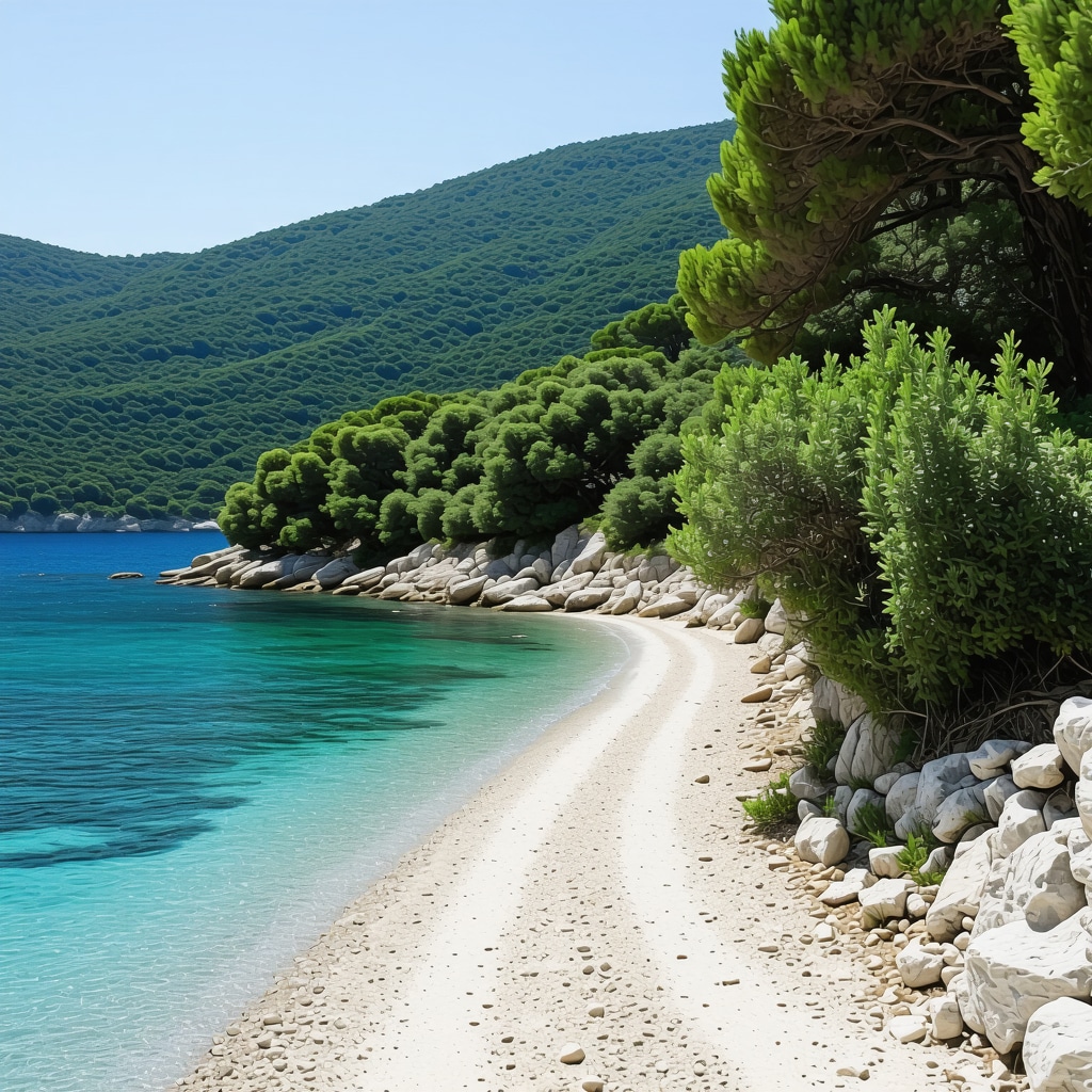 Scenic view of a coastal trail surrounded by pine trees and crystal-clear Adriatic Sea on Mljet island
