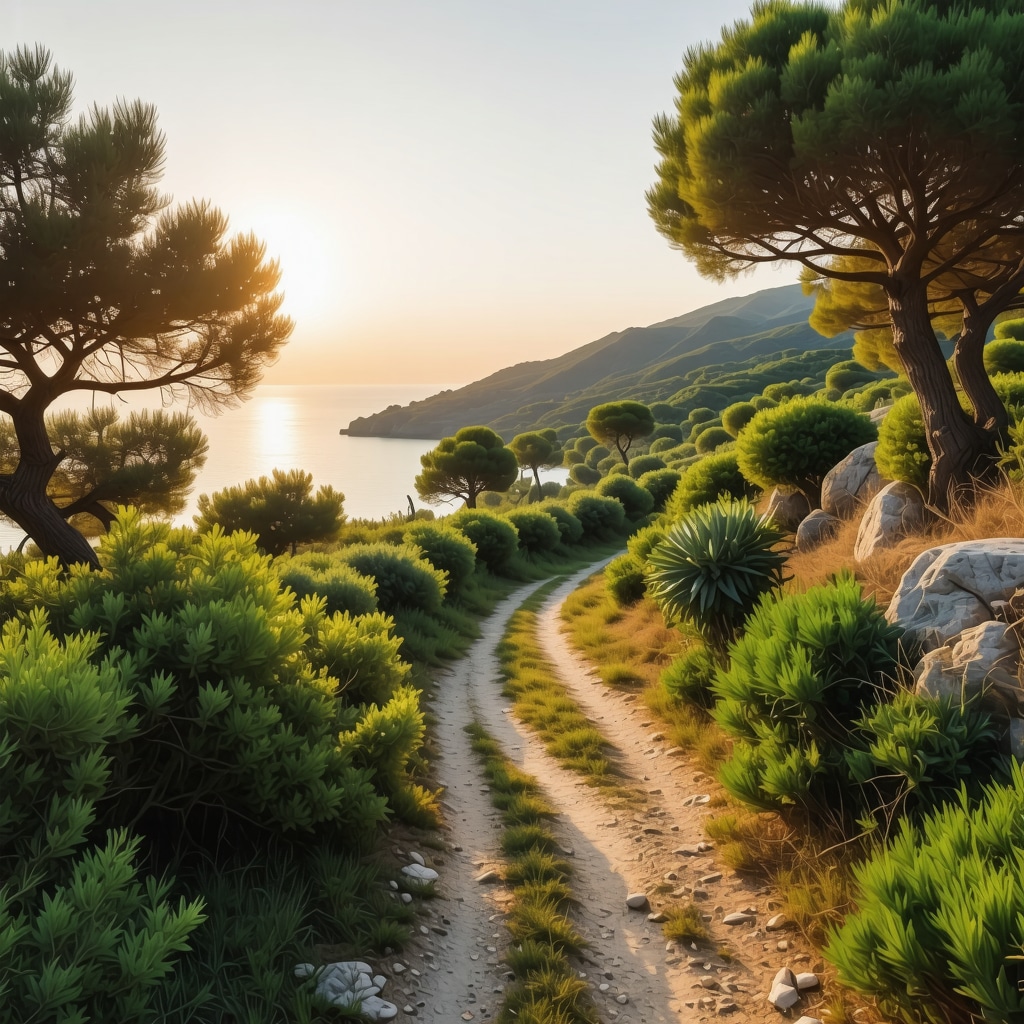 Coastal trail on Brač island with Mediterranean plants and sea views at sunset