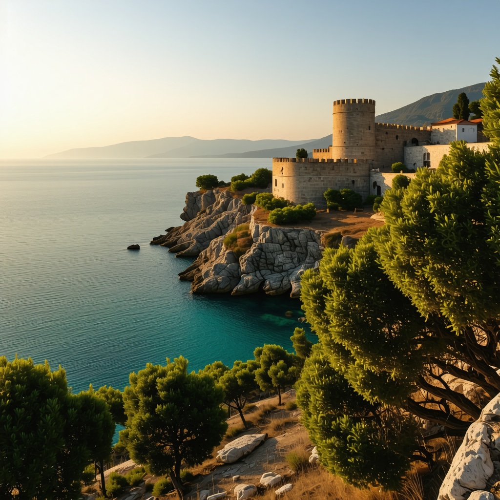 Panoramic view of Kavala coastline featuring historic fortress, olive trees, and turquoise sea during sunset