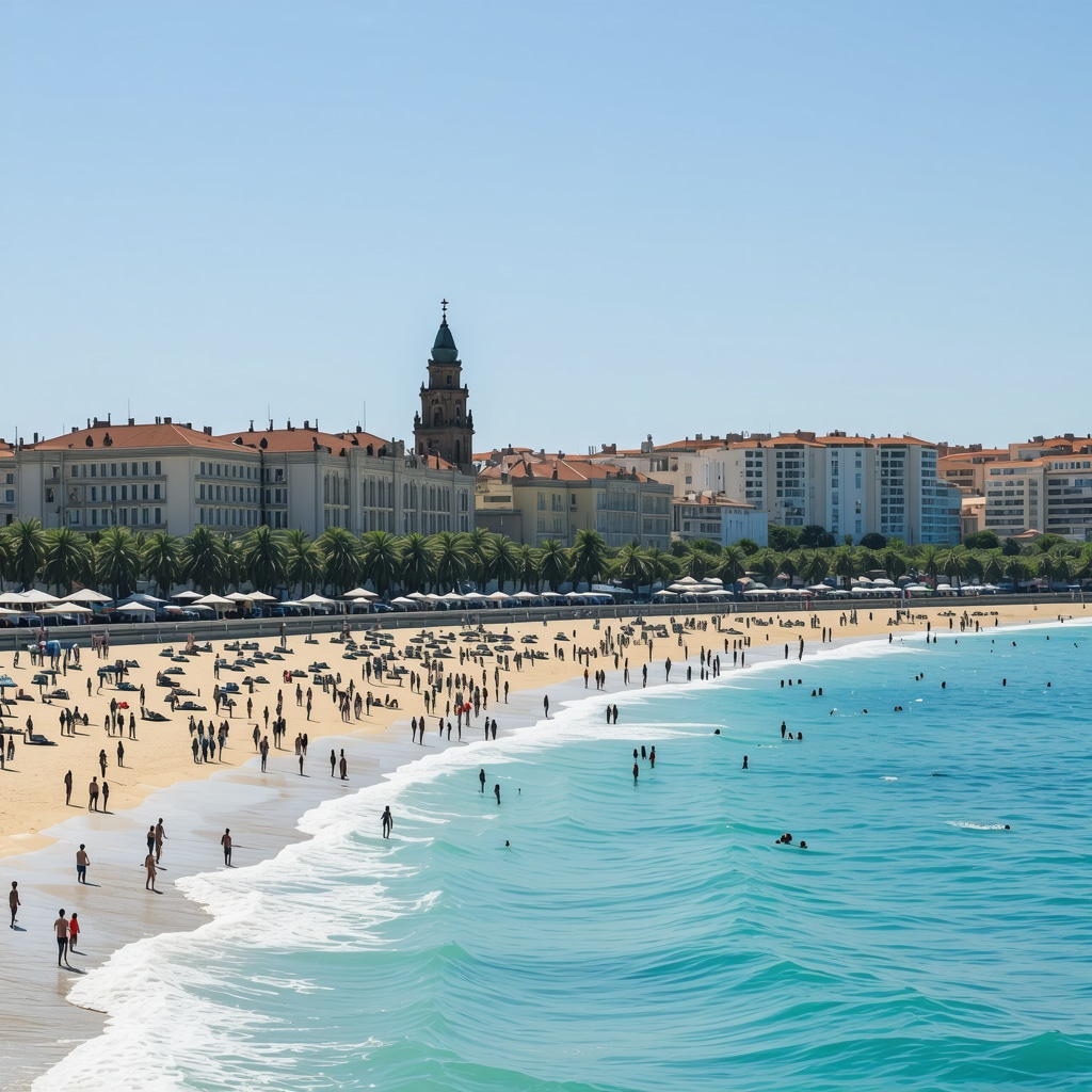 Panoramic view of Constanța coastline showing historic buildings and modern beach amenities