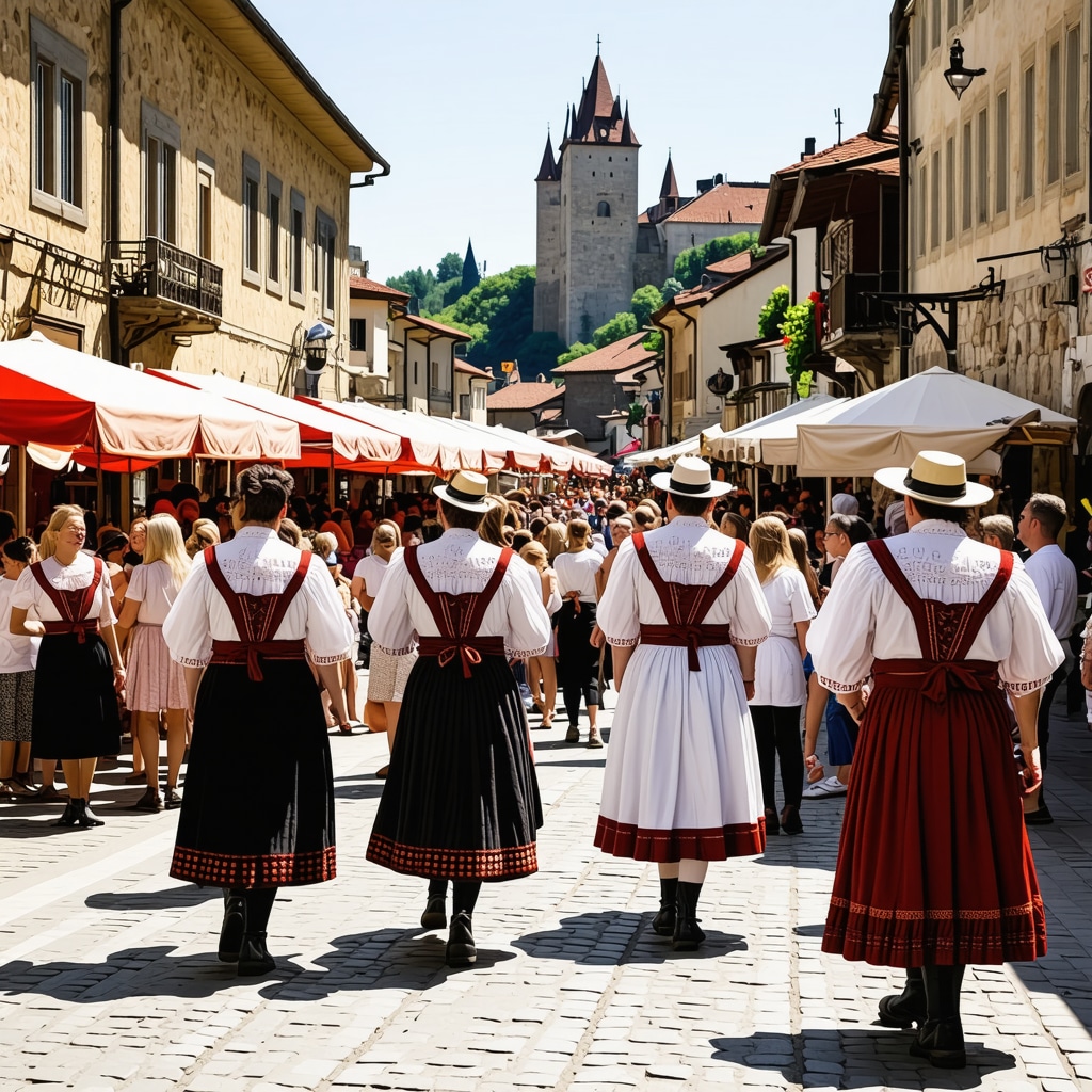 Locals in traditional Slovenian attire celebrating a cultural festival near Celje Castle