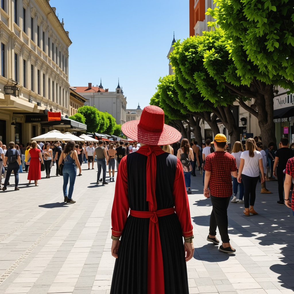 Crowded street in Tirana with traditional and modern buildings, people enjoying a cultural festival