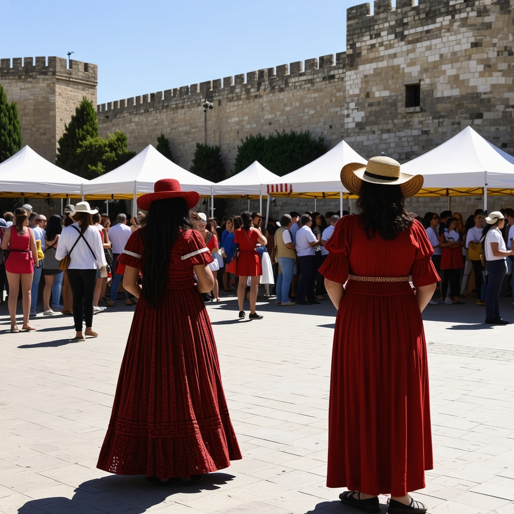 People enjoying a cultural festival in Arad with historical buildings and modern art displays