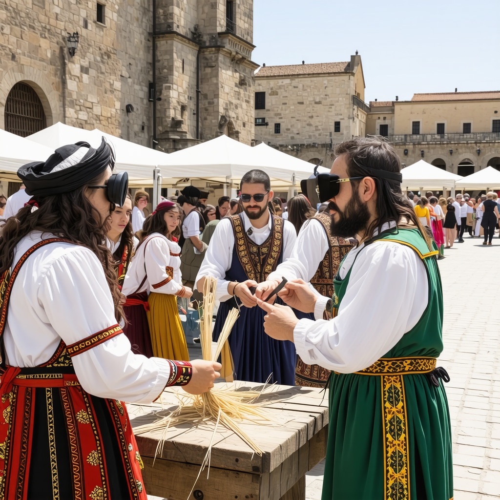 Artisans in traditional costumes demonstrating crafts with augmented reality in historic Arad square