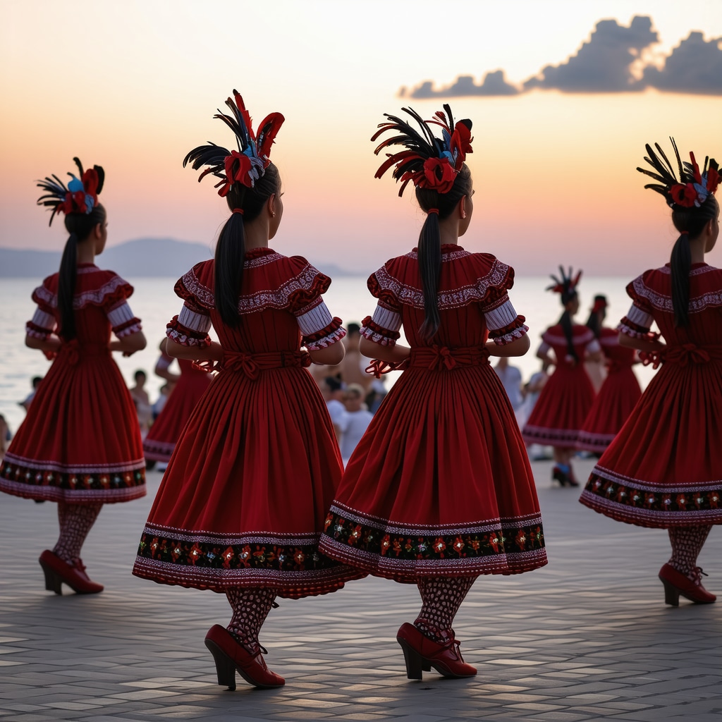 Traditional Bulgarian folk dancers and modern digital art installations at Burgas festival by the Black Sea at sunset