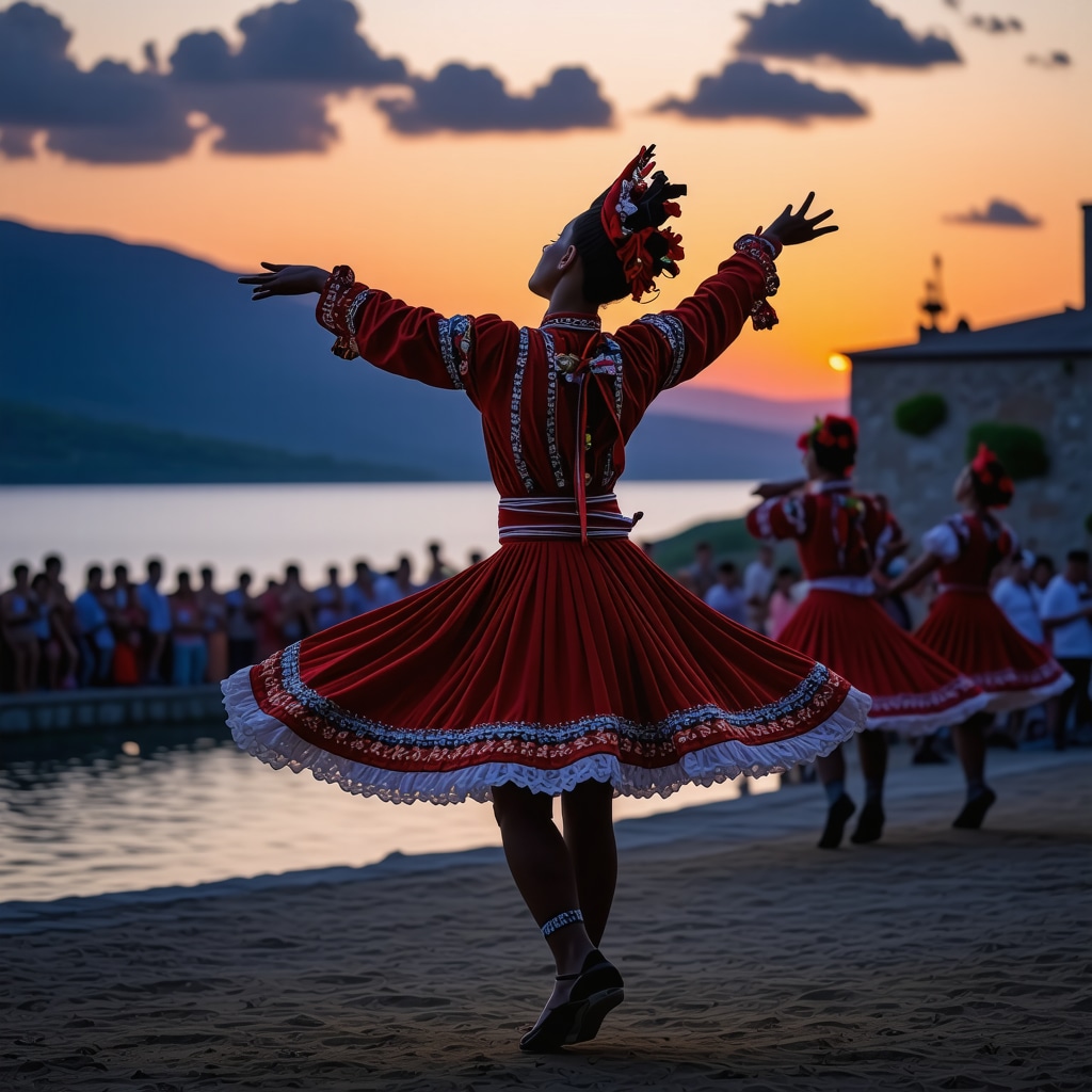 Festival cultural vibrant în Ohrid cu dansuri tradiționale balcanice și instalații de artă digitală la malul lacului la apus