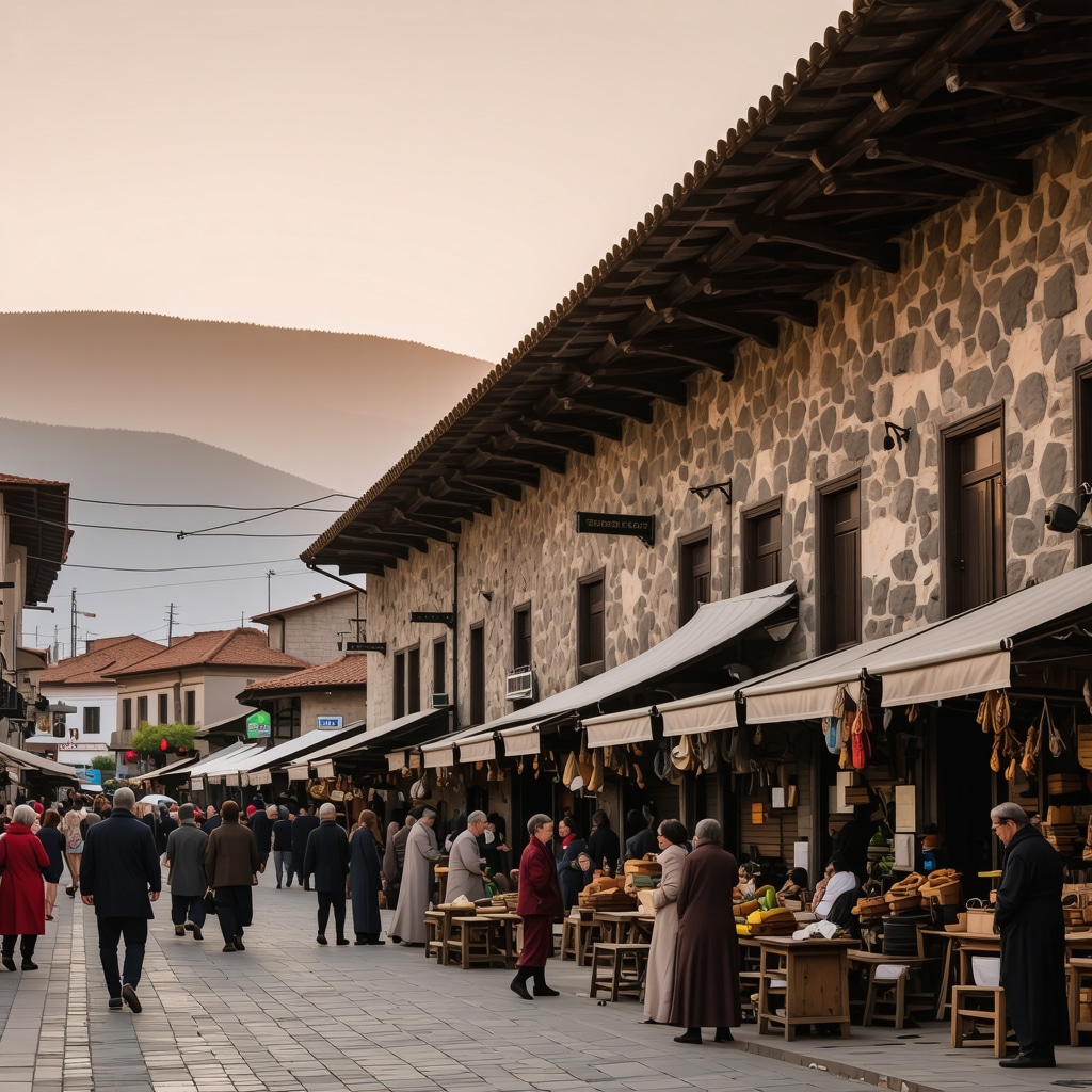 Novi Pazar street with traditional Ottoman buildings, artisans crafting, and tourists exploring cultural heritage