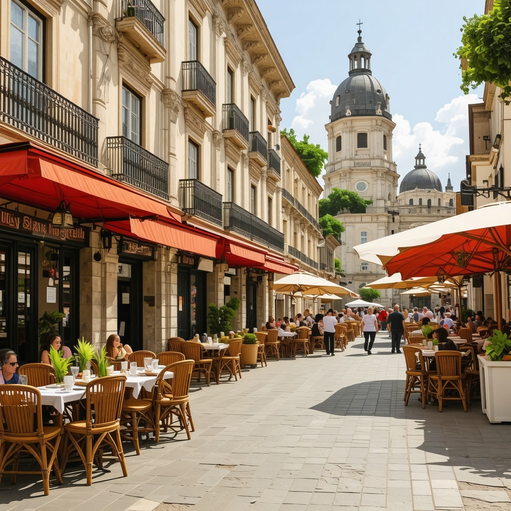 Street in Arad with historic buildings, artisans, and people enjoying cafes