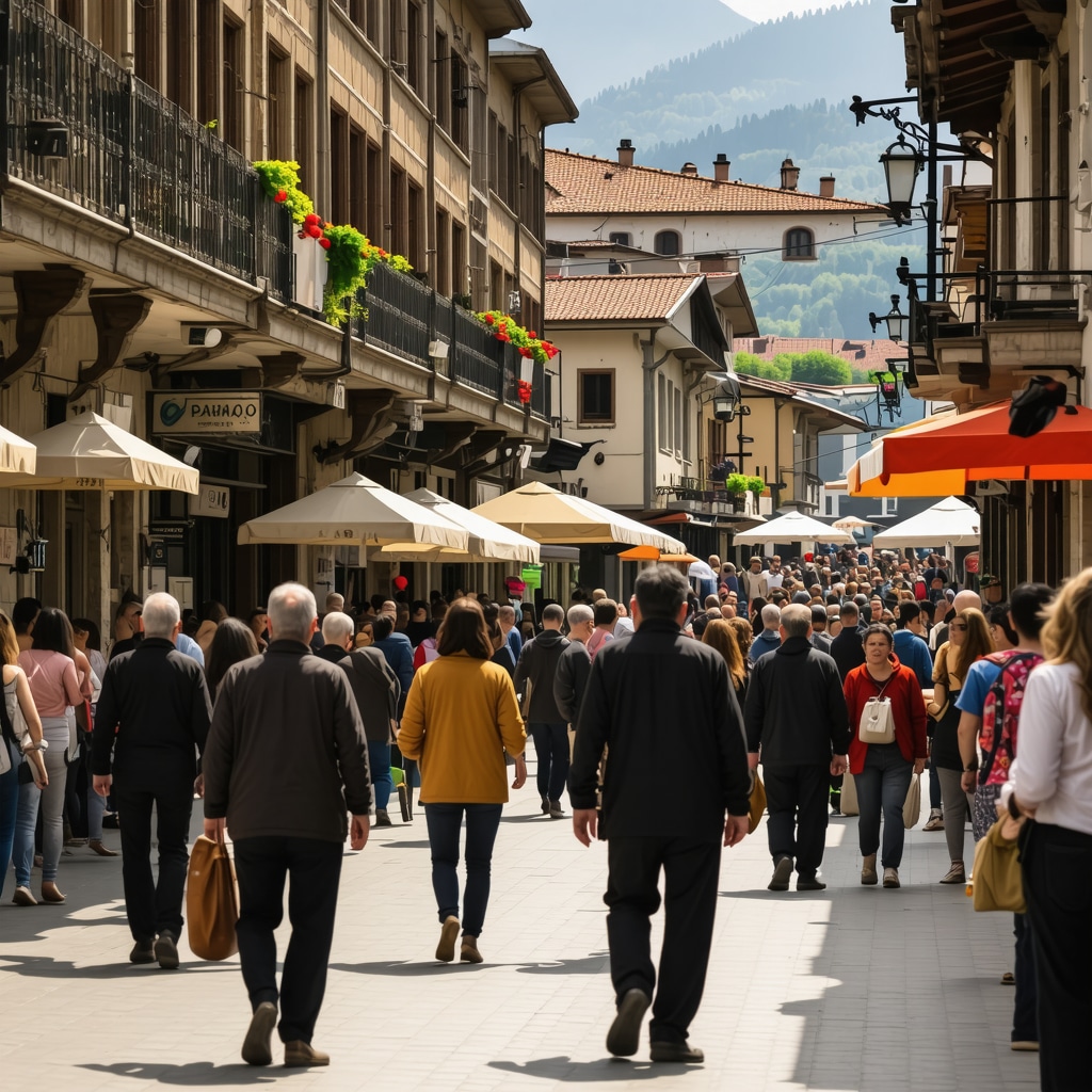 A vibrant street in Tetovo showcasing traditional and modern architecture with diverse cultural interactions