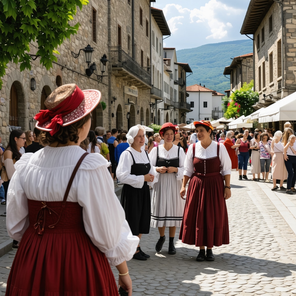 Street scene in Cetinje with people in traditional dress during a cultural festival