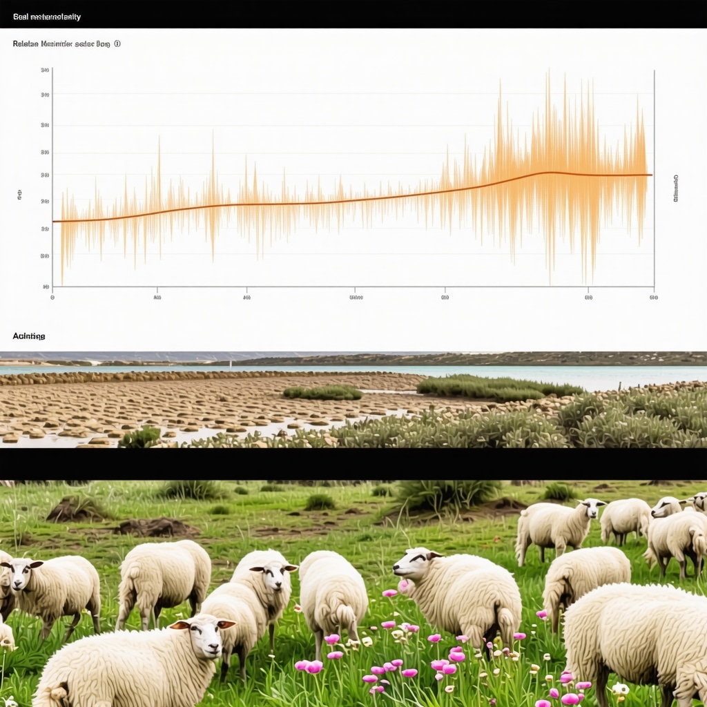 Digital dashboard displaying salinity and humidity data for traditional salt pans with wildflowers and grazing sheep in the background