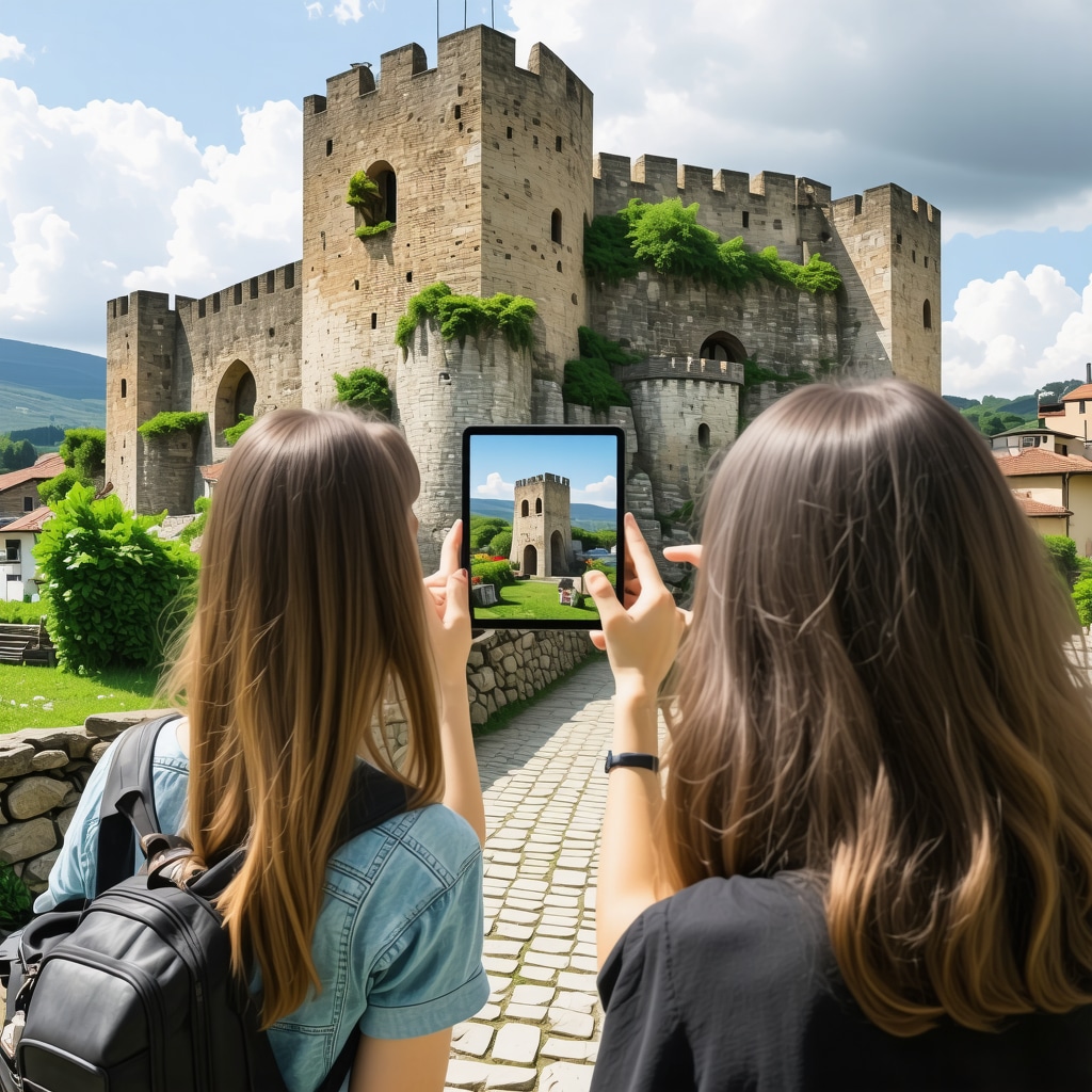 Tourists using augmented reality technology to explore Jajce fortress in Bosnia and Herzegovina