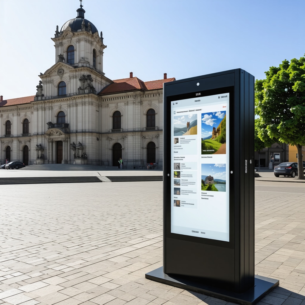 Interactive digital kiosk with augmented reality in historic Arad cityscape