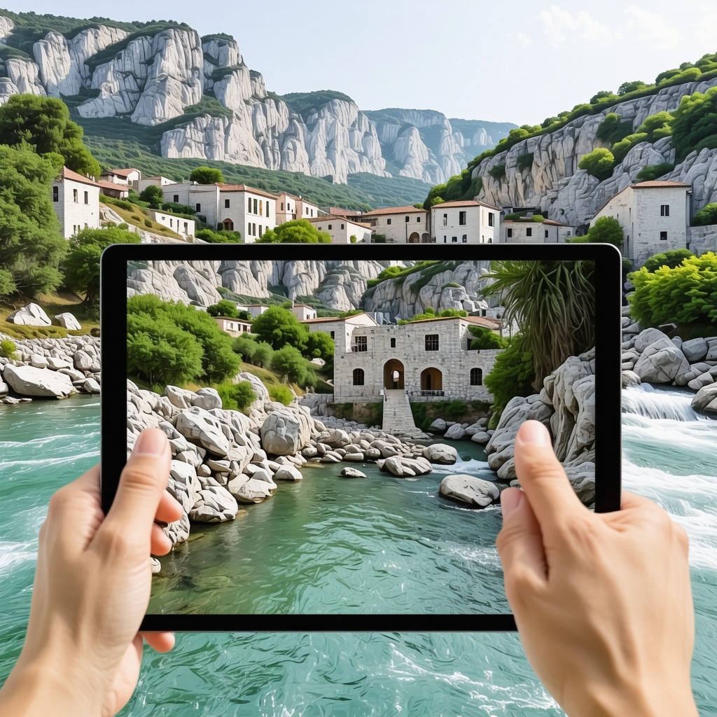 Tablet with augmented reality tour of Blagaj's Derviš Tekke and natural surroundings