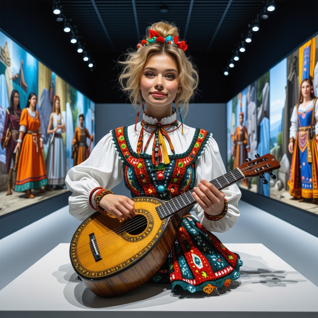 Interactive digital exhibition displaying traditional Banja Luka costumes and musical instruments alongside modern technology