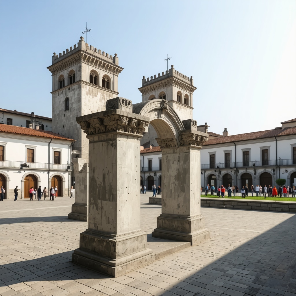 Digital rendering showing Bitola's historic monuments enhanced with augmented reality interface for heritage conservation and community interaction