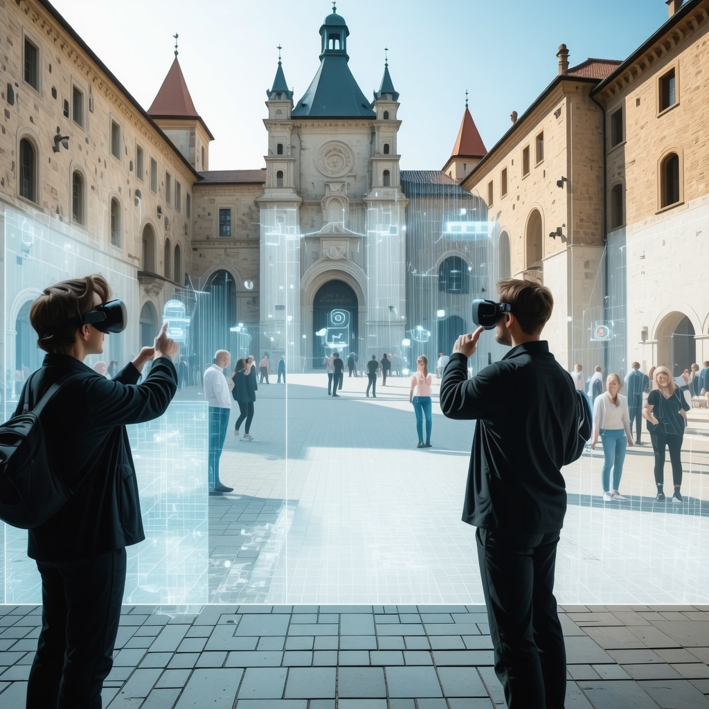 AI analyzing 3D scans of medieval Sighișoara architecture with tourists using VR headsets