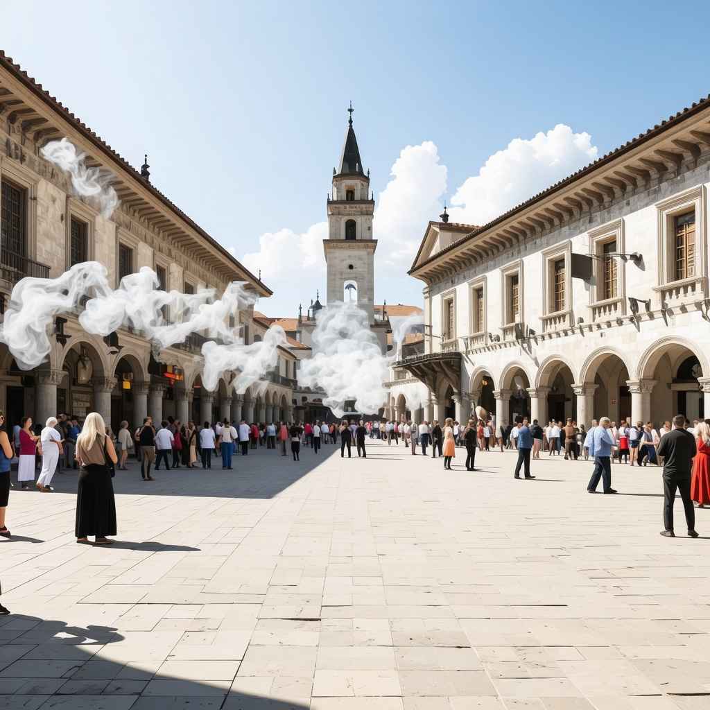 Historic Balkan town square with augmented reality overlays illustrating heritage conservation technologies