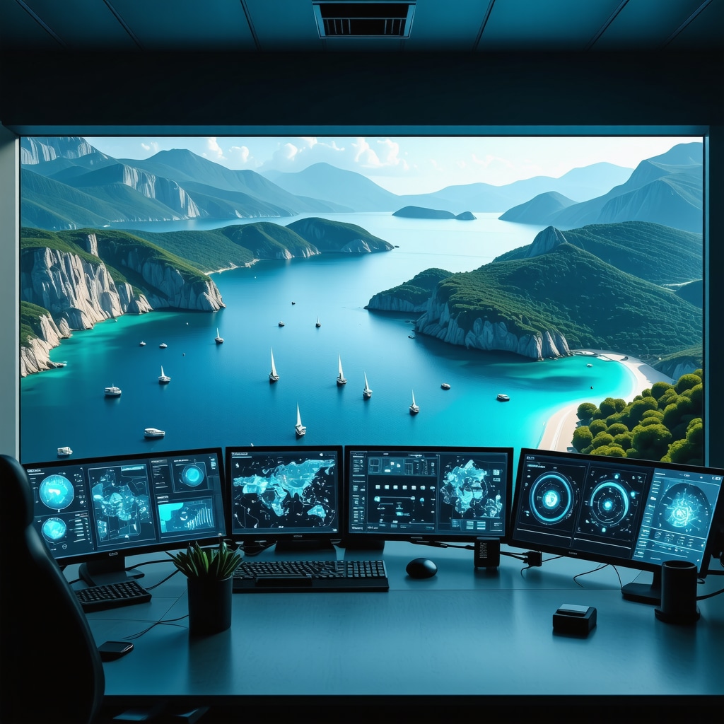 Futuristic digital control room with IoT and AI monitoring Korcula's coastline for sustainable tourism