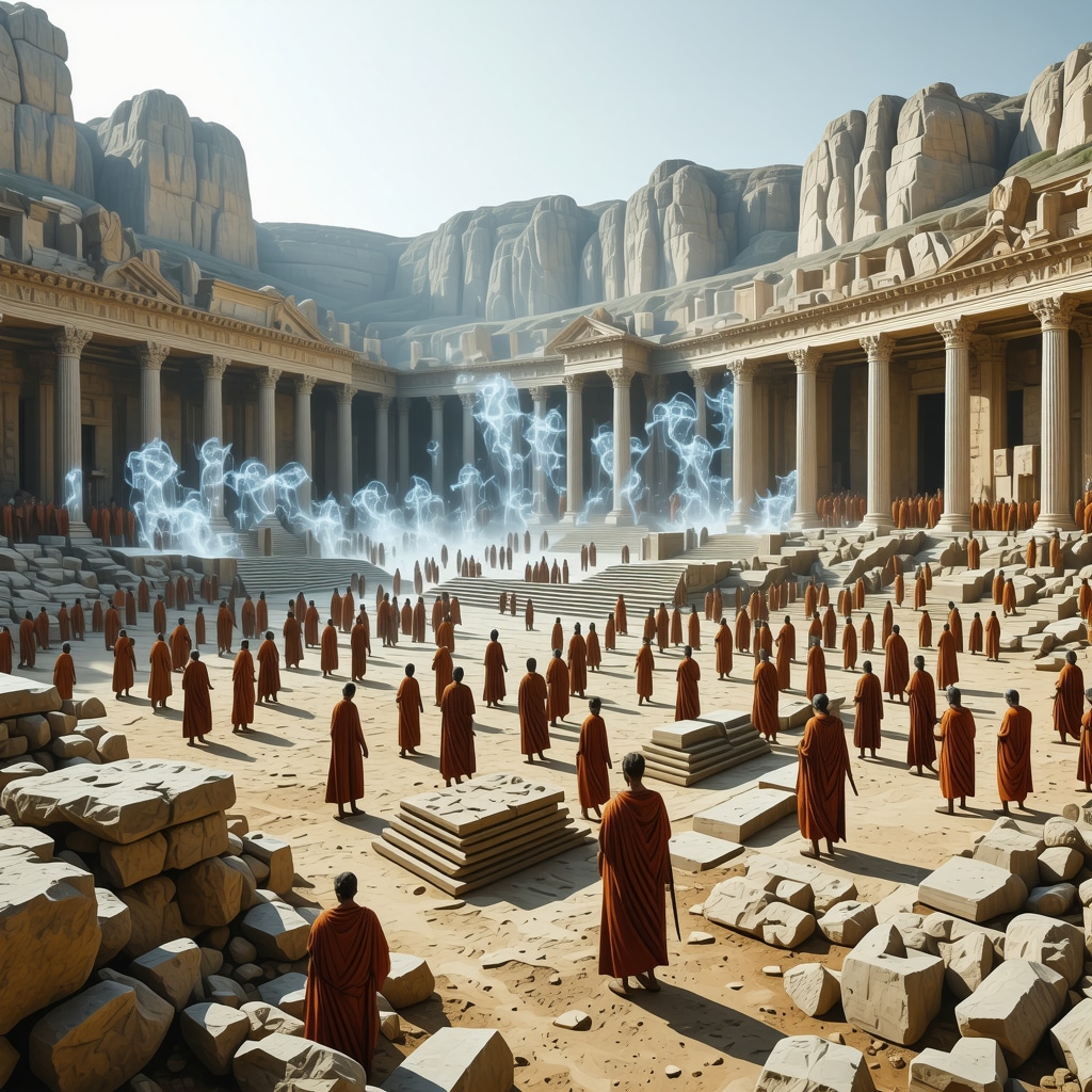 Futuristic digital holographic reconstruction overlaying ruins of Stobi archaeological site