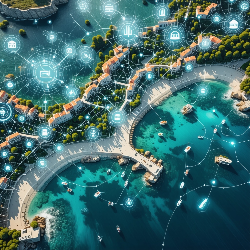 Ulcinj coastline aerial view with digital overlays showing smart tourism and heritage conservation technologies