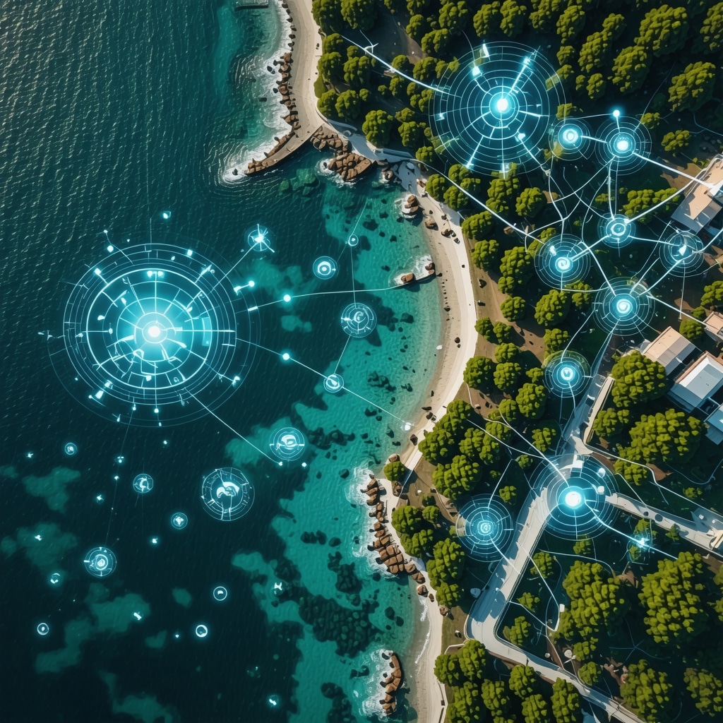 Aerial view of Petrovac coast with graphical representation of IoT sensors, drones, and data analytics for sustainable tourism