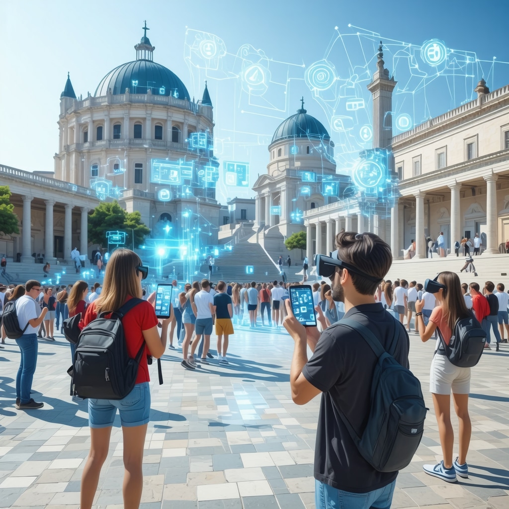 Tourists using augmented reality and VR technologies to explore Thessaloniki's historic sites and traditional cuisine